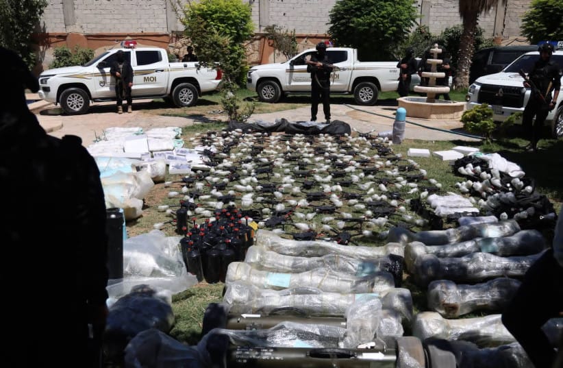 Weapons, drones and missiles displayed by Syria's Interior Ministry after authorities announced the seizure of an alleged arms shipment near the Syrian-Iraqi border, July 16, 2026.