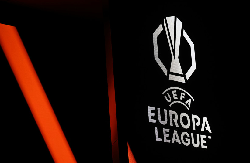 A detailed view of the UEFA Europa League logo during the UEFA Europa League 2026/27 Third Qualifying Round Draw at the UEFA Headquarters, The House of the European Football, on July 20, 2026 in Nyon, Switzerland.