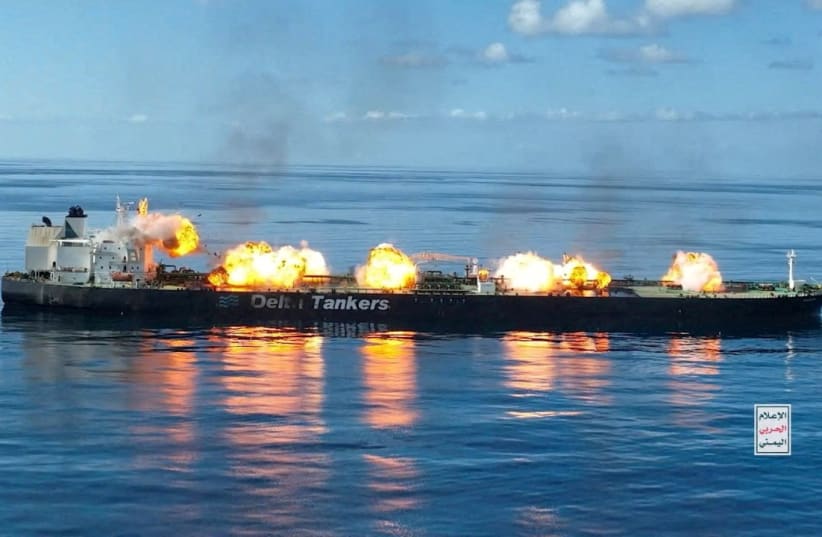 Explosions take place on the deck of the Greek-flagged oil tanker Sounion on the Red Sea, in this handout picture released August 29, 2024. 