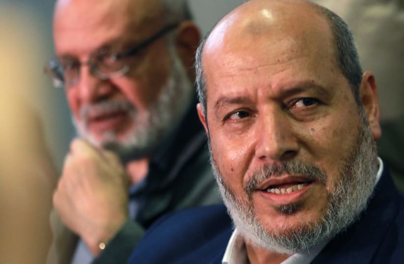 Current leader of Hamas, Khalil al-Hayya (R), holds a press conference in Damscus, Syria. 