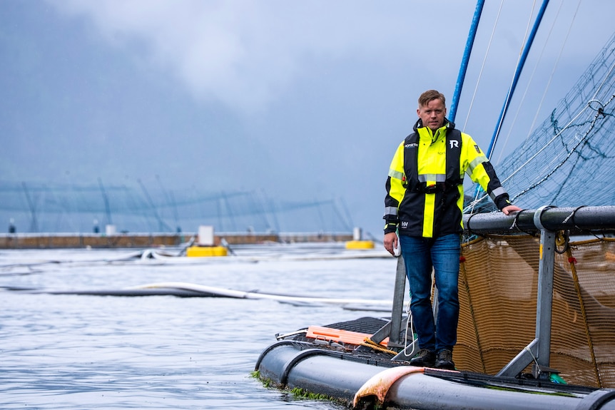 A man wearing bright yellow jacket stands on edge of a giant salmon farm net
