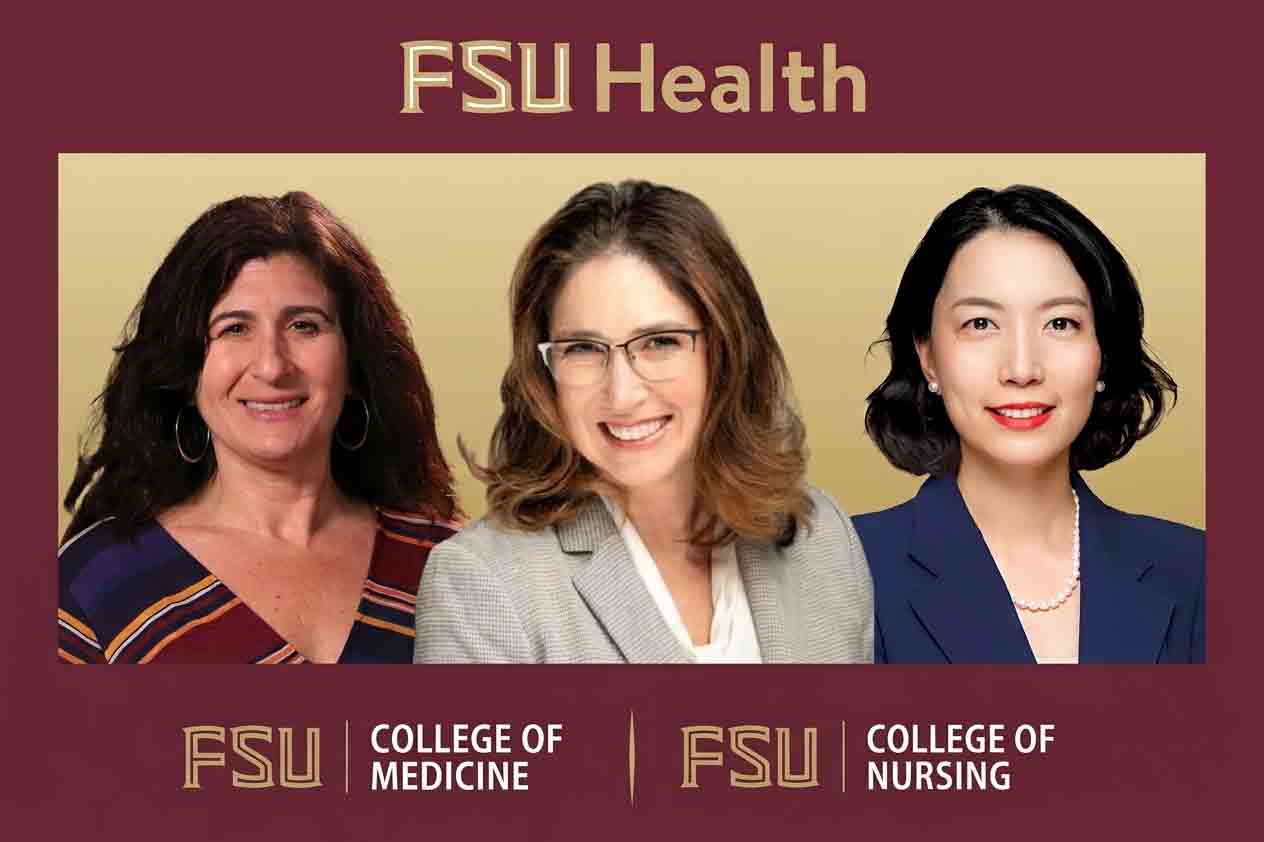 Headshots of CTBScience founding director Sylvie Naar, IDHI Founding Director Lisa Hightow-Weidman and College of Nursing Dean Jing Wang with a graphic treatment and branding of FSU Health, College of Medicine and College of Nursing.