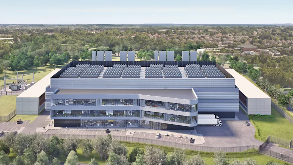 A CGI of the front of a proposed data centre on a business park