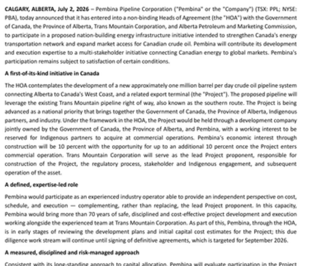 Pembina Signs Agreement to Participate in a Proposed Nation-Building Energy Corridor