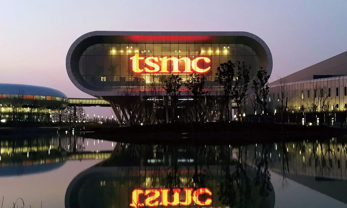 TSMC neon sign on a company building.