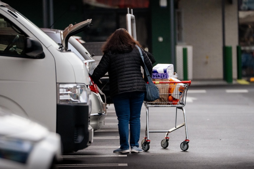 A woman wearing jeans and a black puffer jacket rests her hand on her car with the boot open and a trolley of groceries.