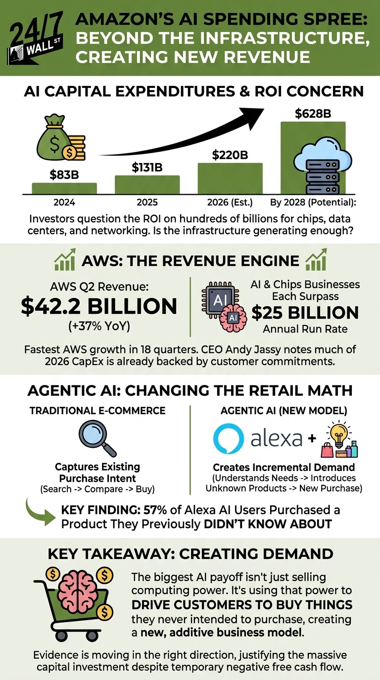 An infographic illustrating Amazon's AI capital expenditure growth projections and the shift from traditional e-commerce to agentic AI models.