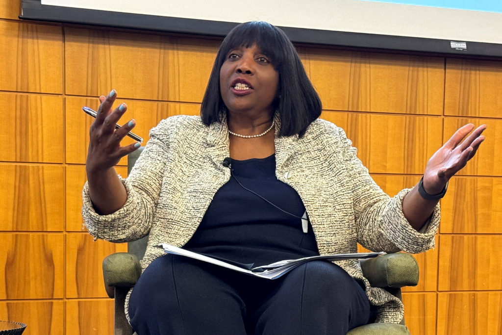 FILE PHOTO: Federal Reserve Governor Lisa Cook speaks at the Stanford Institute of Economic Policy Research in Palo Alto