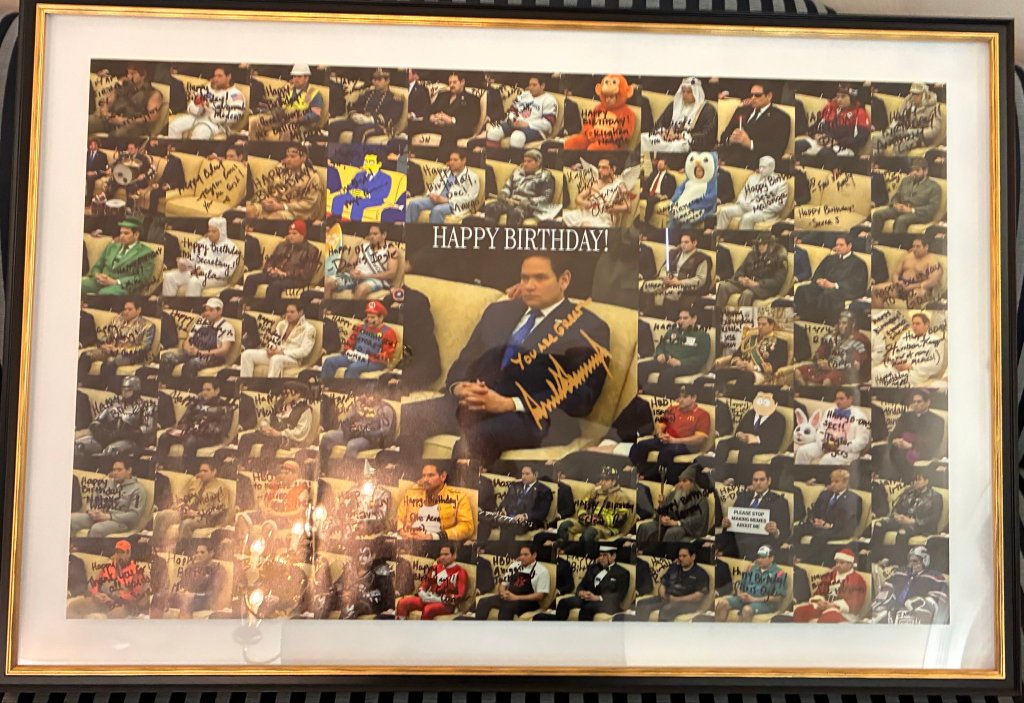 Collage of Marco Rubio memes, signed by the president and others with "You are Great."