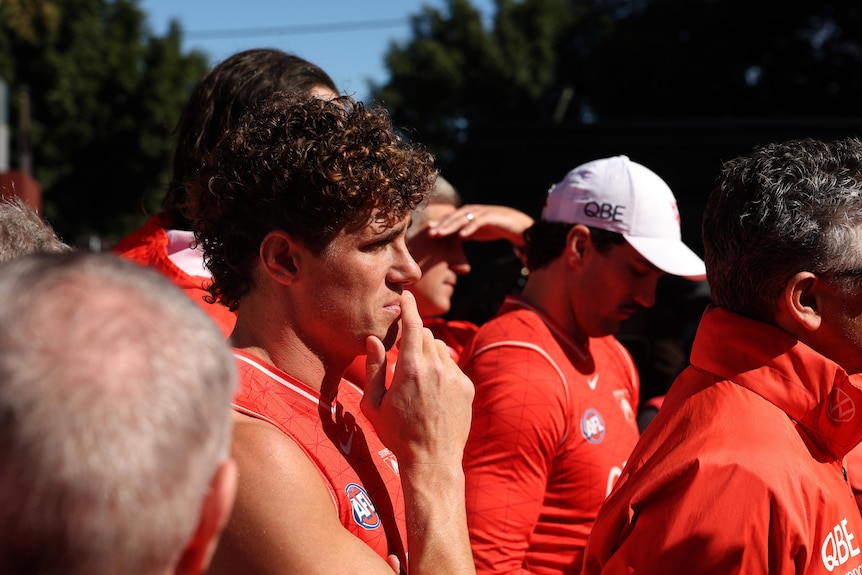 Charlie Curnow looks worried in his Sydney Swans playing kit