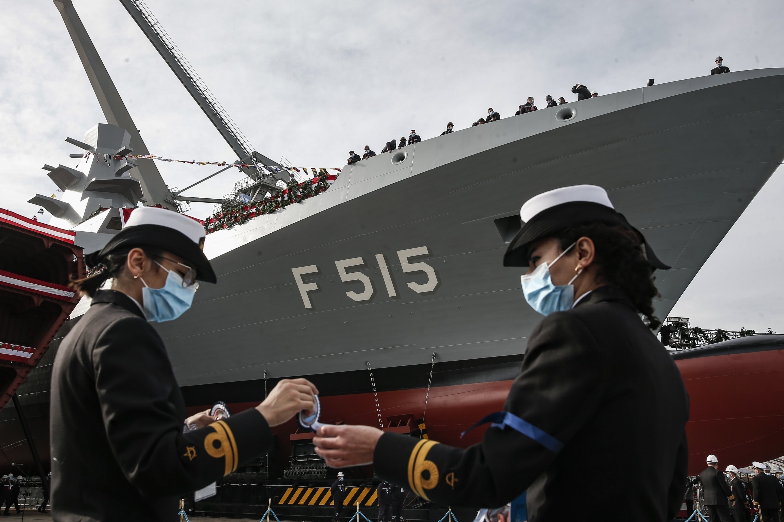 The TCG Istanbul (F515) Istif-class frigate is launched during a ceremony in Istanbul, Türkiye, Jan. 23, 2021. (DHA Photo)