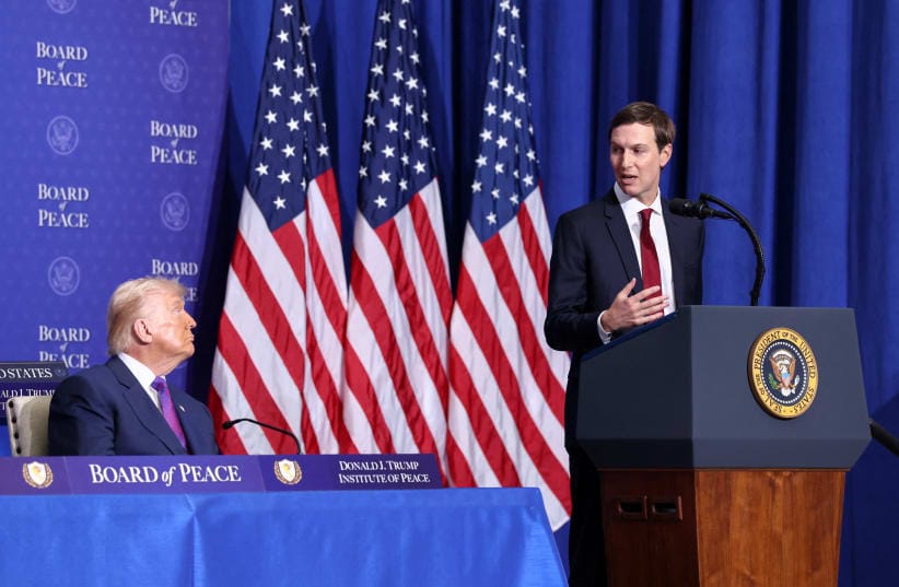 US President Donald Trump listens, as his son-in-law Jared Kushner speaks, during the inaugural Board of Peace meeting at the US Institute of Peace in Washington, DC, US, February 19, 2026.