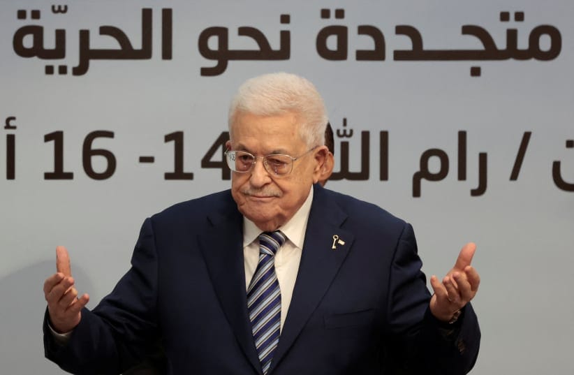 PALESTINIAN AUTHORITY President Mahmoud Abbas gestures during the 8th General Conference of Fatah in Ramallah in May 2026.