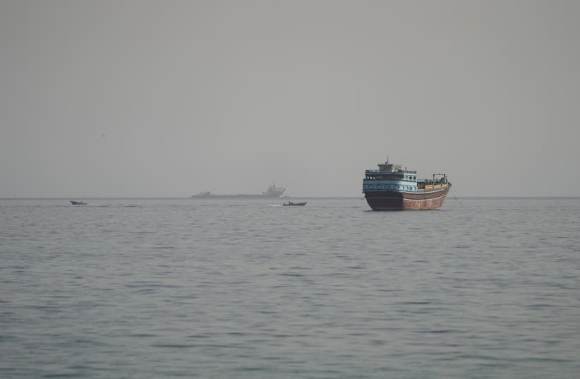 Vessels in the Strait of Hormuz, as seen from Musandam, Oman, August 3, 2026. 