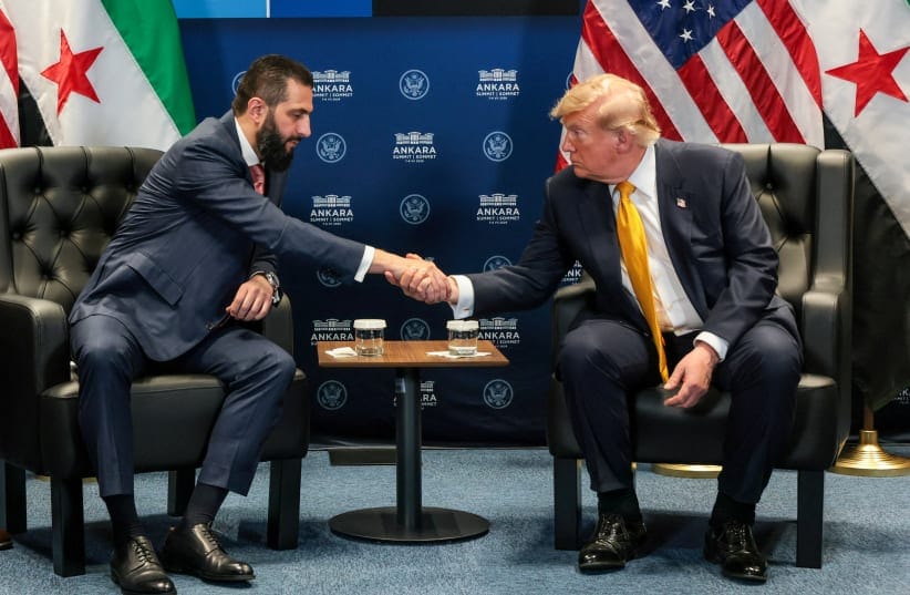 US President Donald Trump shakes hands with Syrian President Ahmed al-Sharaa during a bilateral meeting alongside the NATO leaders summit at the Bestepe Presidential Compound in Ankara, Turkey, July 8, 2026. 