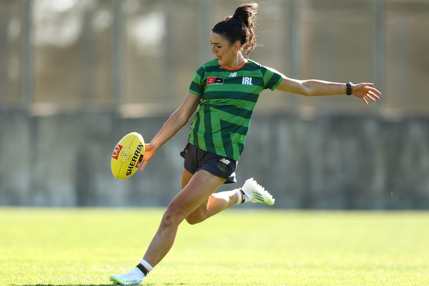 Erika O'Shea of Ireland kicks the ball during the 2026 AFLW Australia v Ireland Captain's Run.