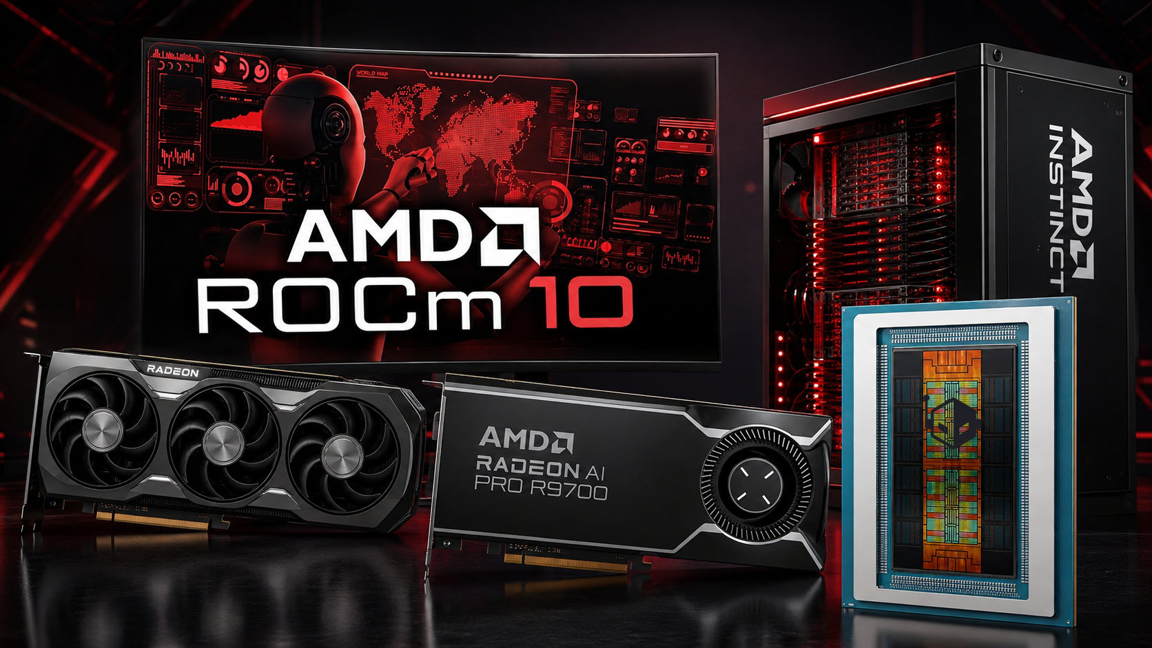 AMD ROCm 10 display with AMD Radeon AI PRO R9700 and other Radeon hardware in a tech setting.