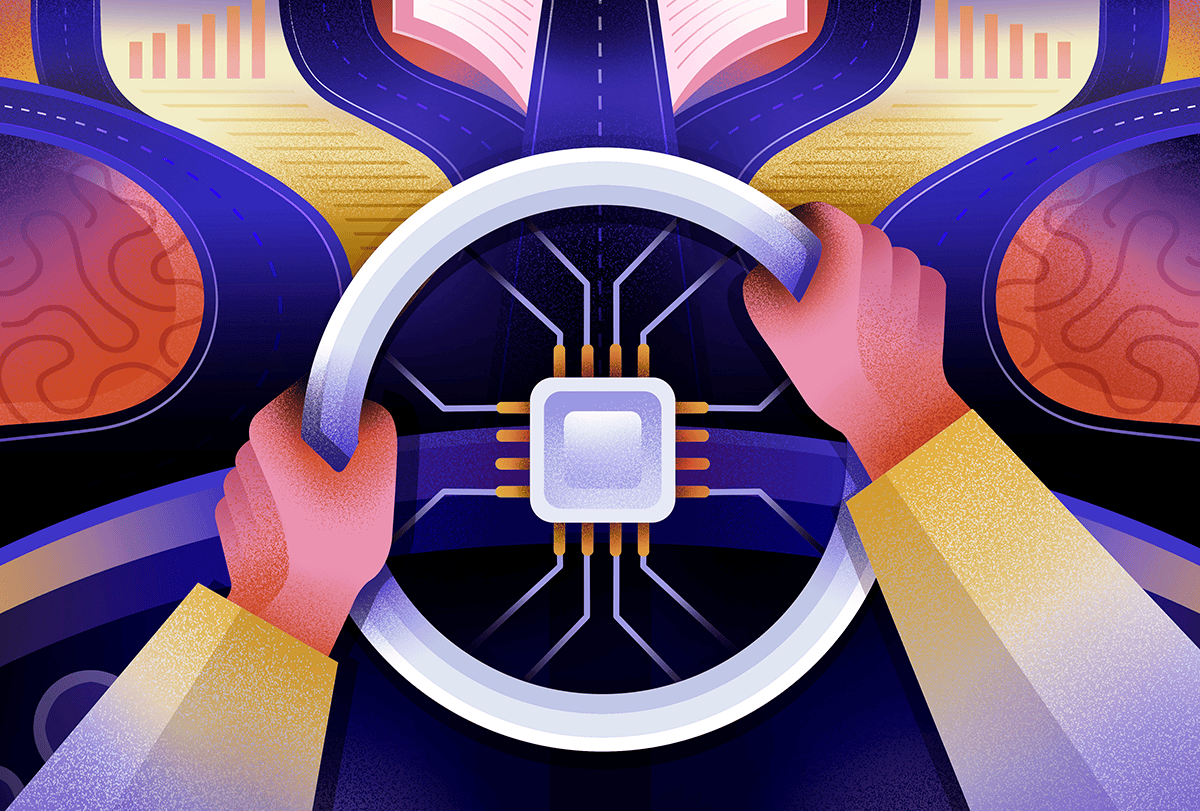 Hands driving a steering wheel with a computer chip.