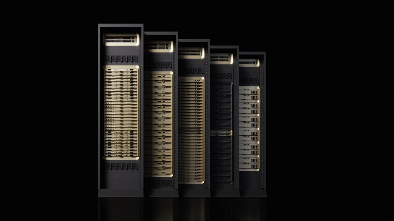 NVIDIA Vera Rubin rack family render showing the five purpose-built rack configurations in the AI factory platform