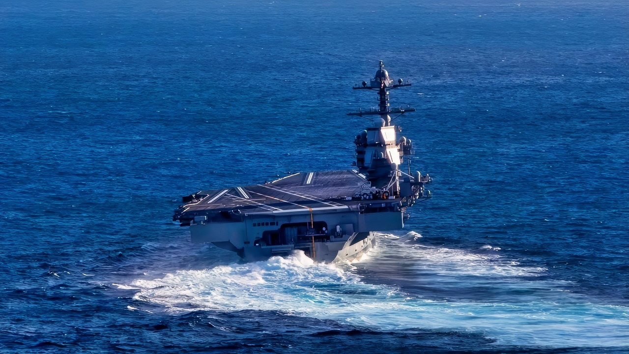 ATLANTIC OCEAN (Oct. 29, 2019) USS Gerald R. Ford (CVN 78) conducts high-speed turns in the Atlantic Ocean. Ford is at sea conducting sea trials following the in port portion of its 15 month post-shakedown availability.(U.S. Navy photo by Mass Communication Specialist 3rd Class Connor Loessin)