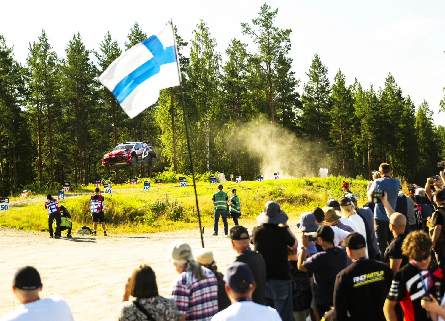 Sami Pajari Toyota GR Yaris Rally1 airborne during Friday at the 2026 Rally Finland