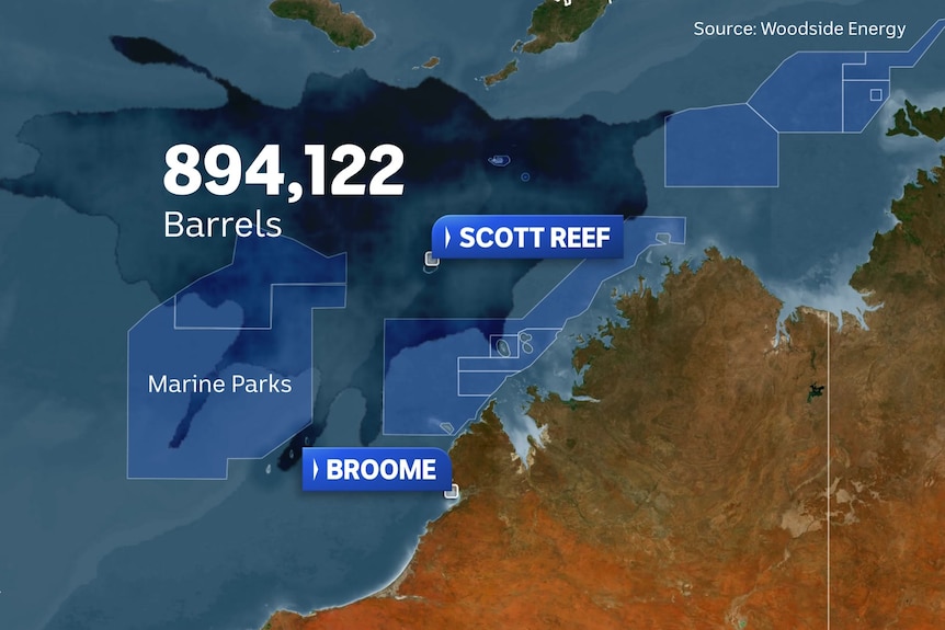 A 2D map rendering of the Kimberley coast and an oil spill labelled "Spill modelling: 77 day release" and "894, 122 barrels"