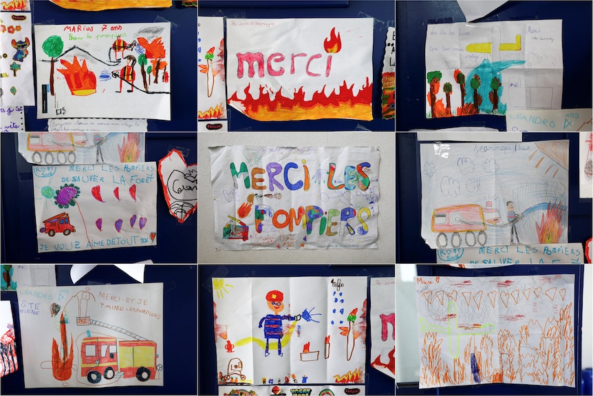 a composition of children's drawings saying 'merci' (thankyou) to firefighters