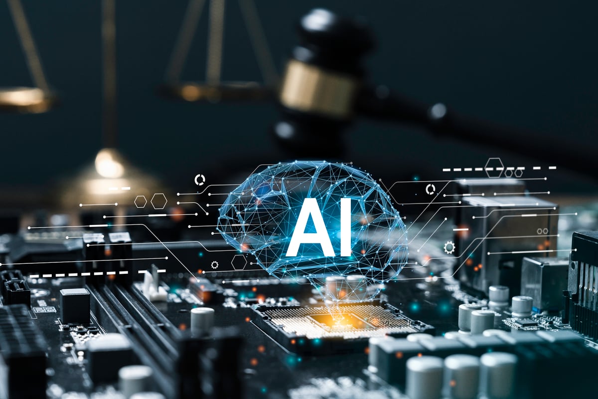 A close up on a computer chip with an AI Cloud brain hovering over it.