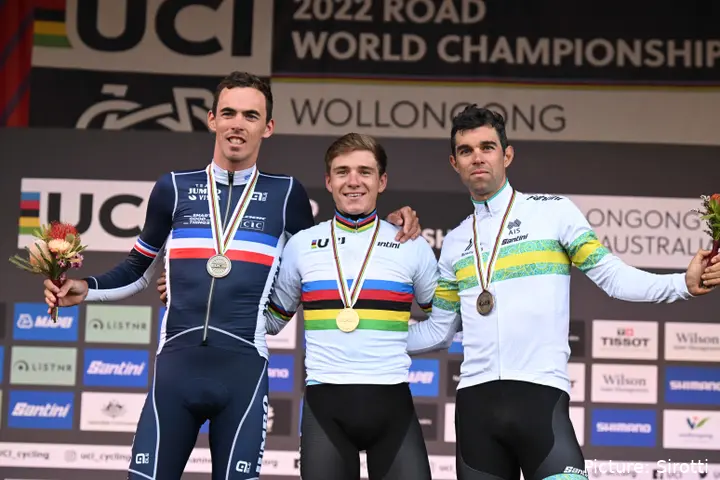 Remco Evenepoel, Christophe Laporte and Michael Matthews on the World Championship podium