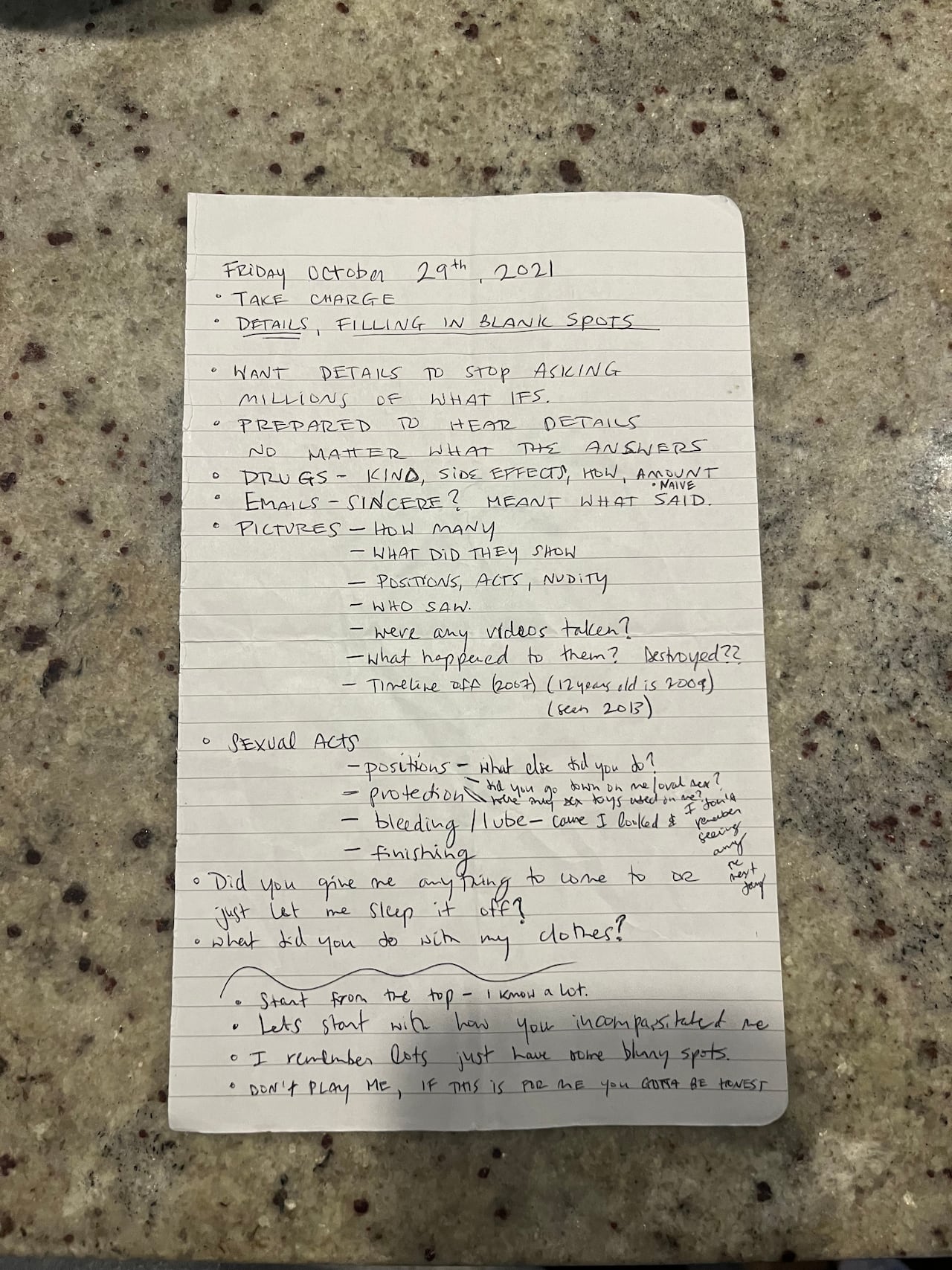 A piece of paper with handwritten notes about what questions a victim plans to ask in her interrogation of the man who assaulted her.