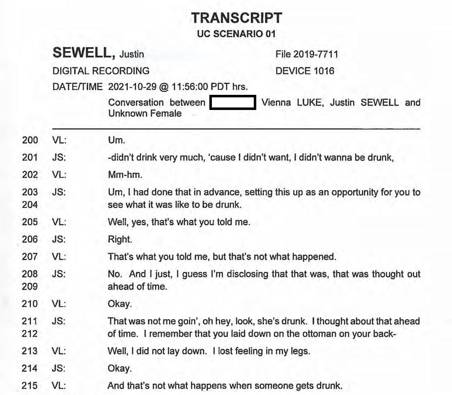 An official looking transcript showing the back and forth between Vienna Luke and Justin Sewell.