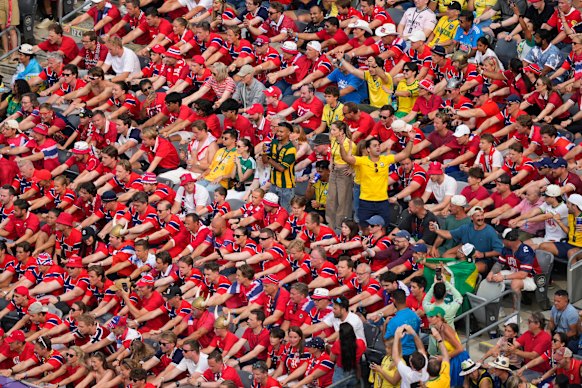 Norwegian football fans perform their traditional Viking row during the FIFA World Cup.