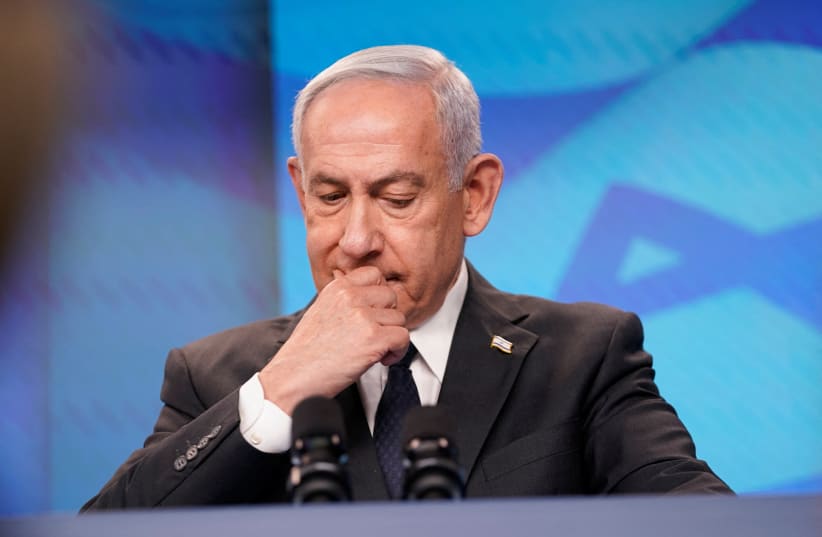 Israeli Prime Minister Benjamin Netanyahu reacts at a joint press conference with U.S. Secretary of State Marco Rubio (not pictured) at the Prime Minister's Office, during Rubio's visit, in Jerusalem, September 15, 2025