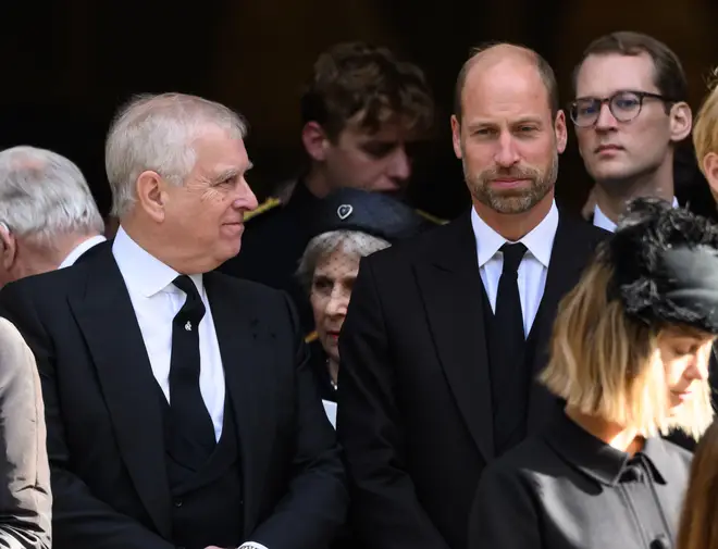 Prince Andrew, The Duke of York and Prince William, The Prince of Wales at the funeral of The Duchess of Kent
