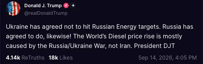 In a Truth Social post on Monday night that the two warring nations had agreed to stop striking energy targets after weeks of trading strikes on power plants and gas fields.