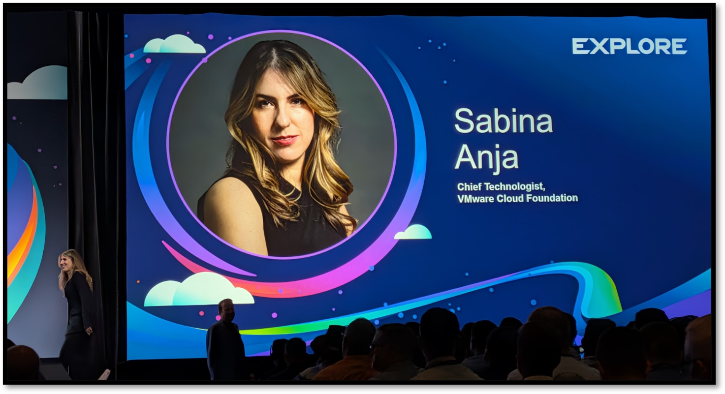 Sabina Anja, Chief Technologist, VMware Cloud Foundation, on screen during her VMware Explore 2026 keynote segment