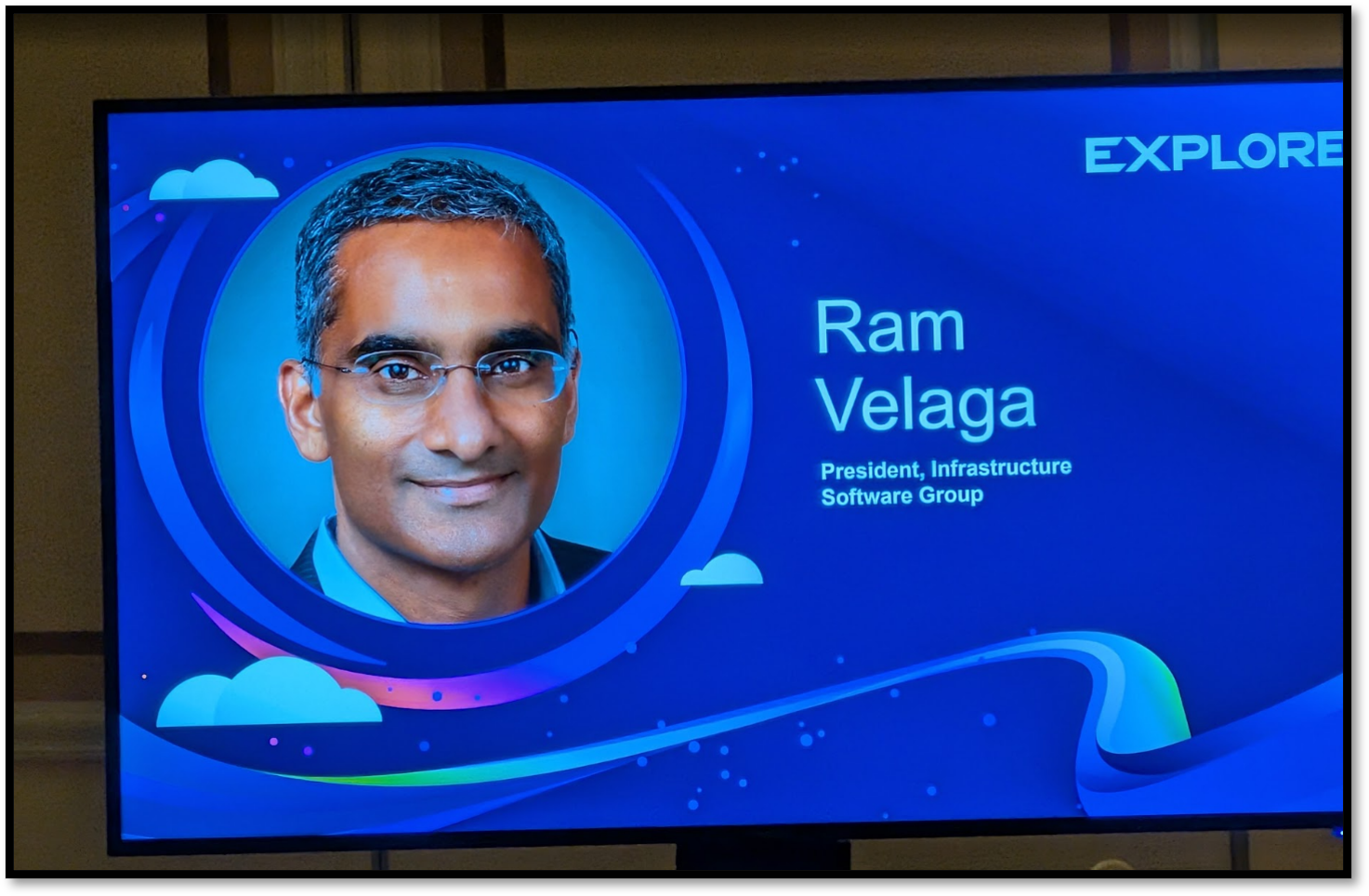 Title slide for Ram Velaga, President of the Infrastructure Software Group at Broadcom, at the VMware Explore 2026 press Q and A