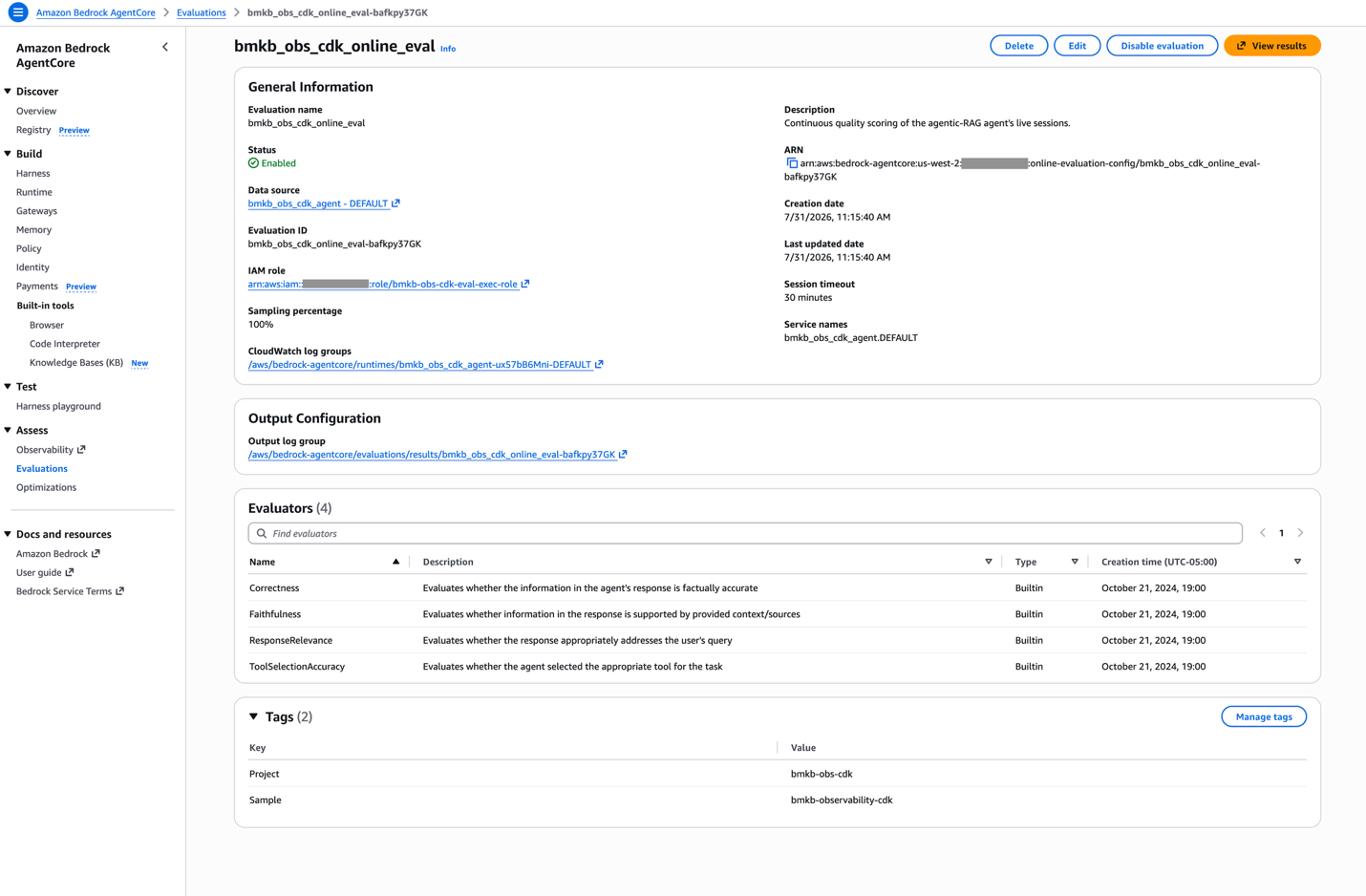 AgentCore console showing the online evaluation configuration with four built-in evaluators (Tool-Selection Accuracy, Faithfulness, Correctness, Response Relevance), 100 percent sampling, status ACTIVE and enabled.
